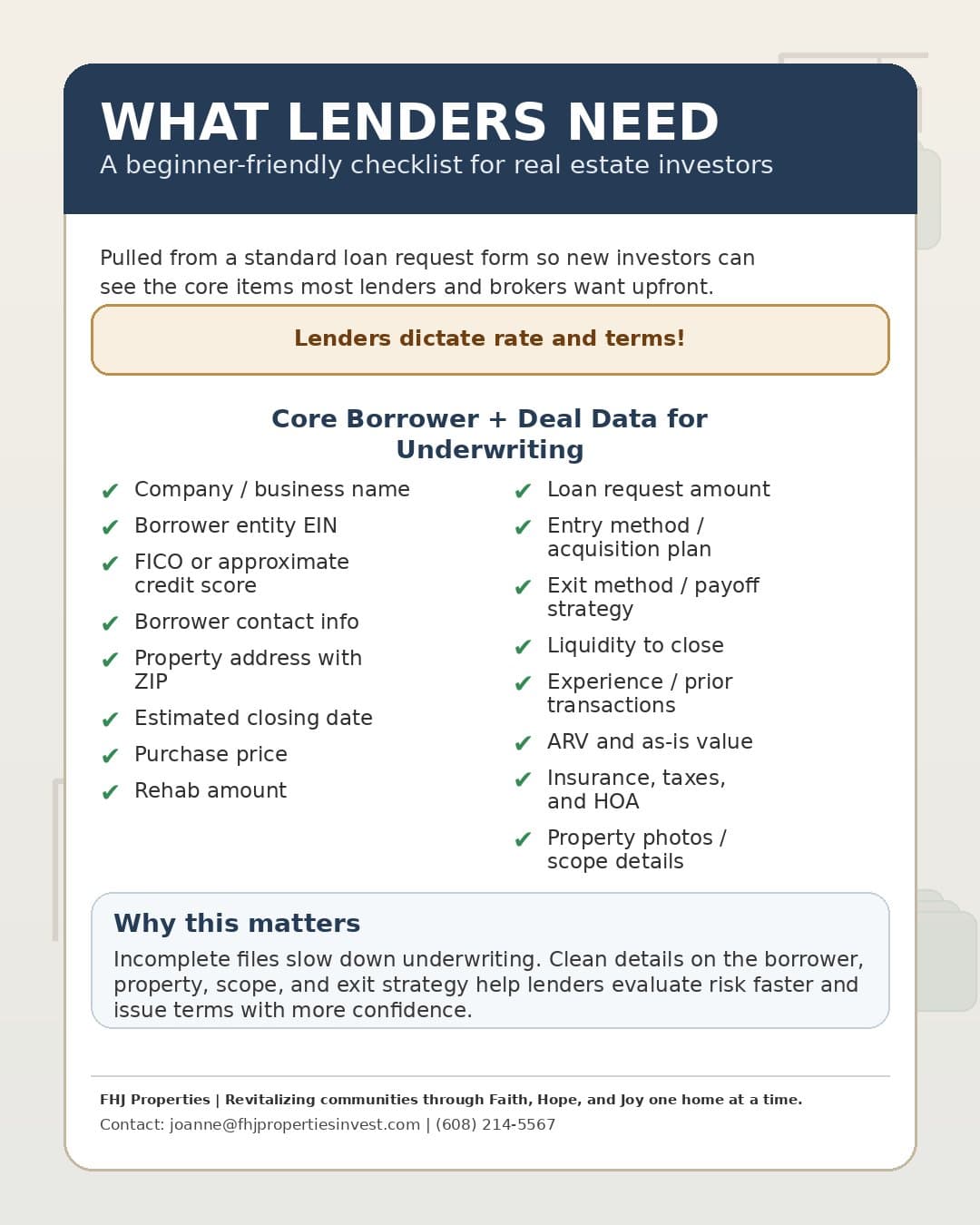 What Lenders Need — FHJ Properties funding prep checklist